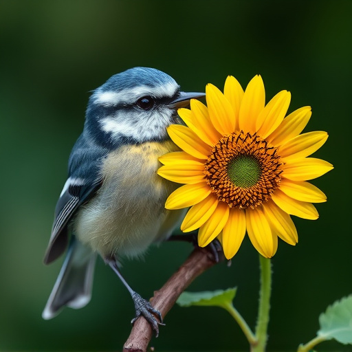 Blue tit holding sunflower heart in beak