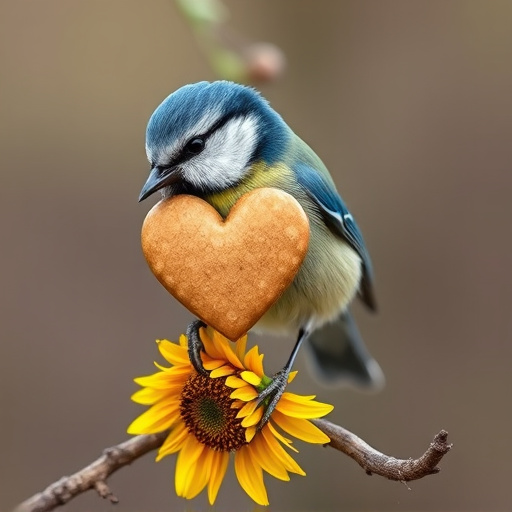 Blue tit holding sunflower heart in beak