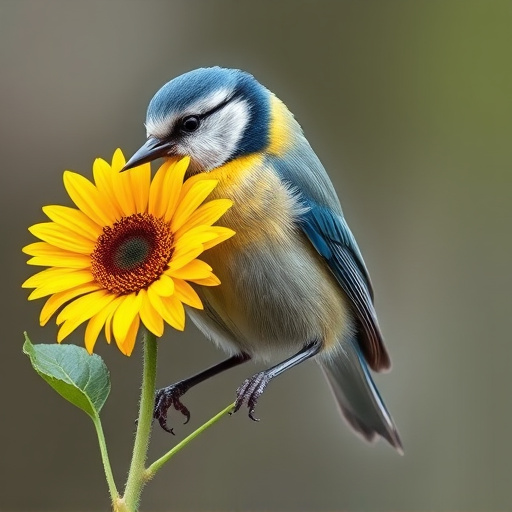 Blue tit holding sunflower heart in beak