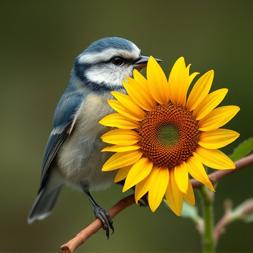 Blue tit holding sunflower heart in beak