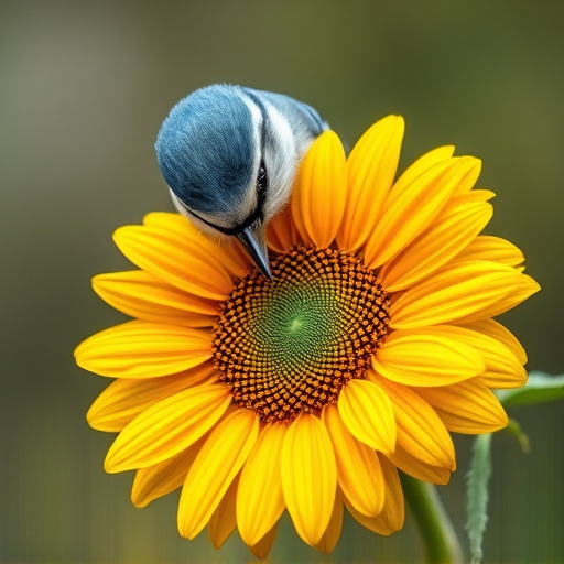 Blue tit holding sunflower heart in beak