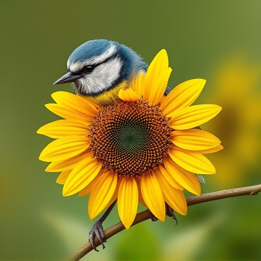 Blue tit holding sunflower heart in beak