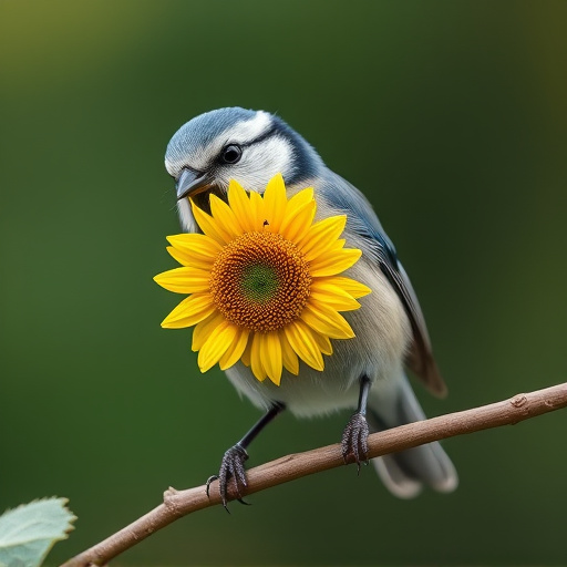 Blue tit holding sunflower heart in beak