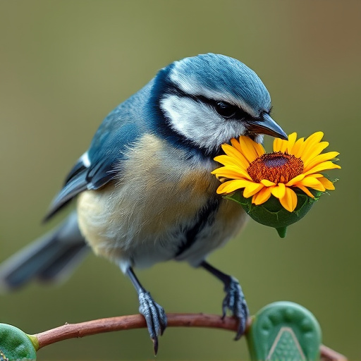 Blue tit holding sunflower heart in beak