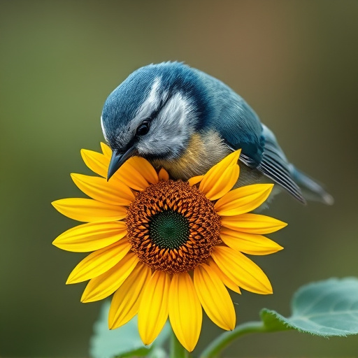 Blue tit holding sunflower heart in beak