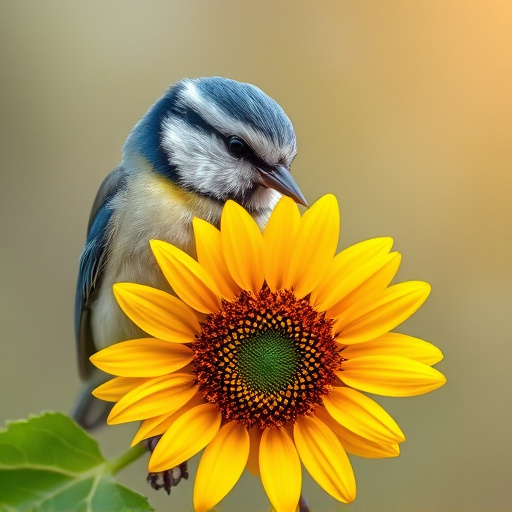 Blue tit holding sunflower heart in beak