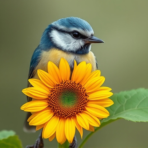 Blue tit holding sunflower heart in beak