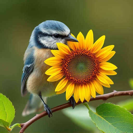Blue tit holding sunflower heart in beak