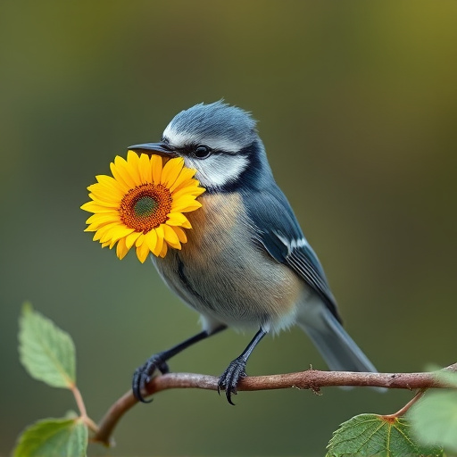 Blue tit holding sunflower heart in beak