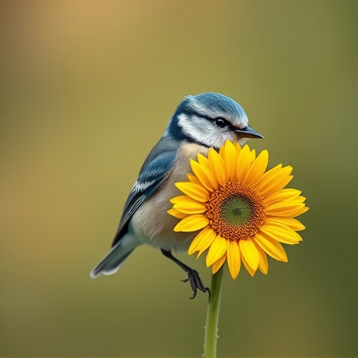 Blue tit holding sunflower heart in beak