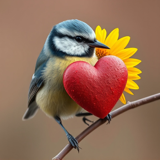 Blue tit holding sunflower heart in beak