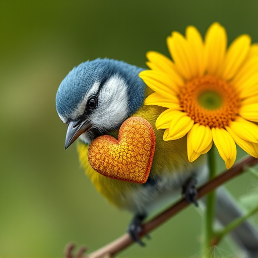 Blue tit holding sunflower heart in beak