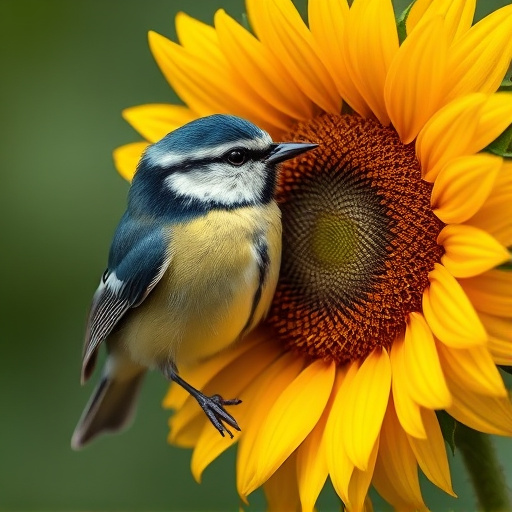 Blue tit holding sunflower heart in beak