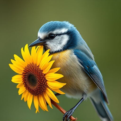Blue tit holding sunflower heart in beak