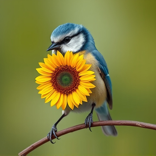 Blue tit holding sunflower heart in beak
