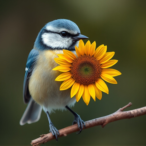 Blue tit holding sunflower heart in beak