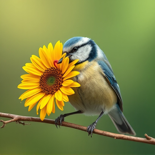 Blue tit holding sunflower heart in beak