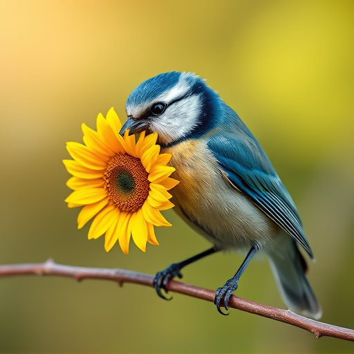 Blue tit holding sunflower heart in beak