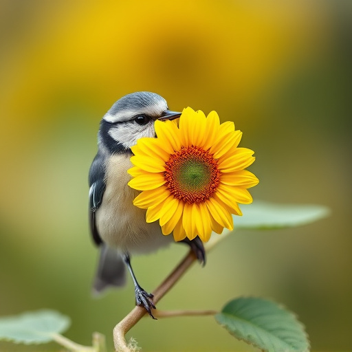 Blue tit holding sunflower heart in beak