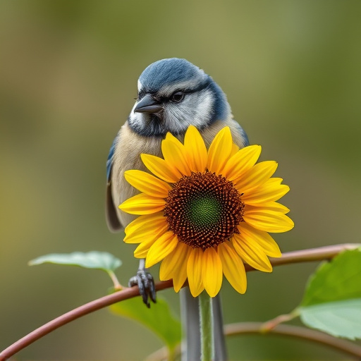 Blue tit holding sunflower heart in beak