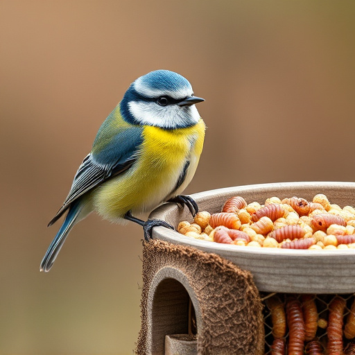 Blue tit perched beside mealworms bowl