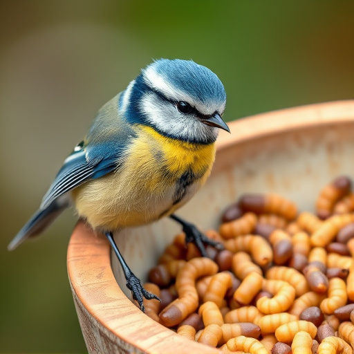 Blue tit perched beside mealworms bowl