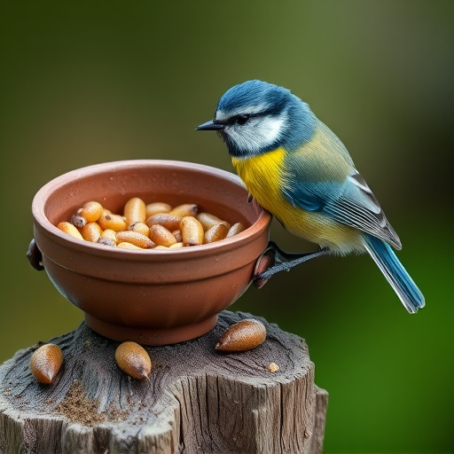 Blue tit perched beside mealworms bowl