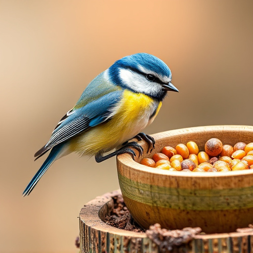 Blue tit perched beside mealworms bowl
