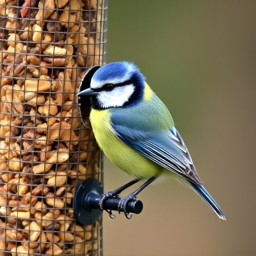 Blue tit perched on garden suet feeder