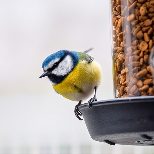 Blue tit perched on hanging feeder