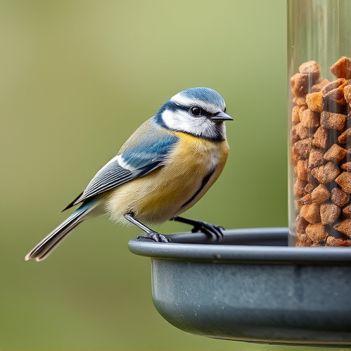 Blue tit perched on hanging feeder