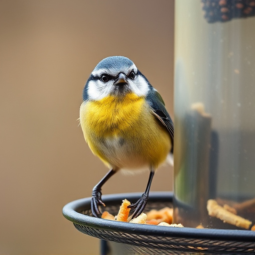Blue tit perched on hanging feeder