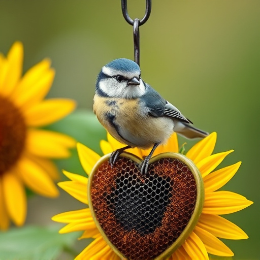 Blue tit perched on sunflower heart feeder