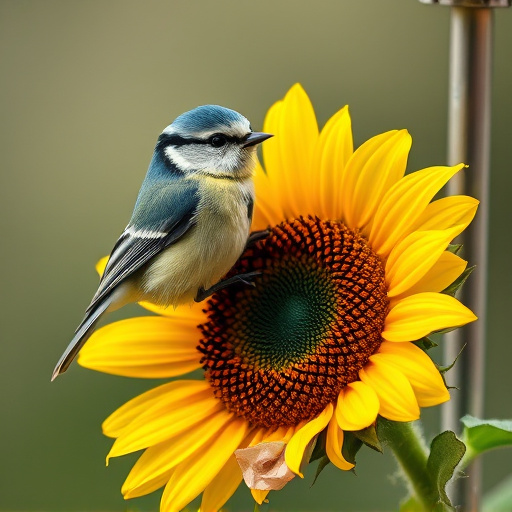 Blue tit perched on sunflower heart feeder