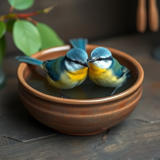 Blue tits bathing in shallow ceramic bowl