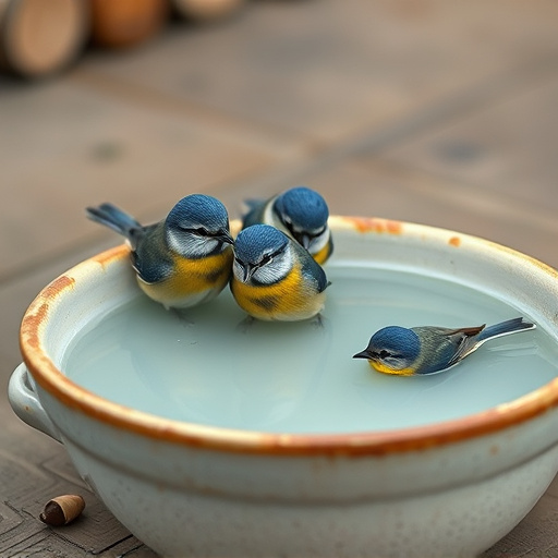 Blue tits bathing in shallow ceramic bowl