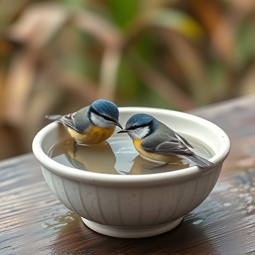 Blue tits bathing in shallow ceramic bowl