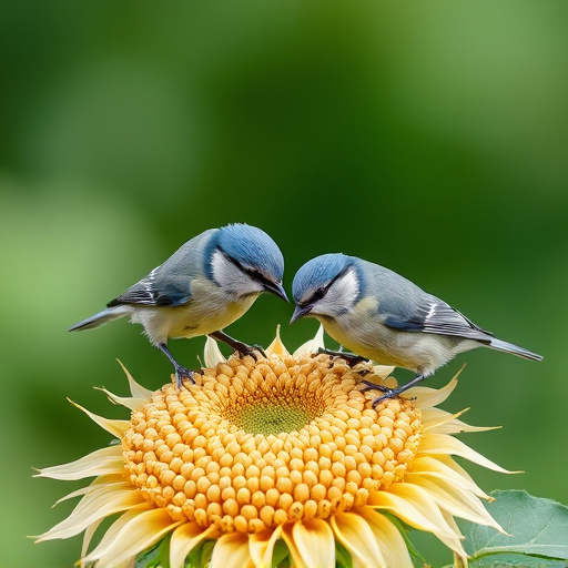 Blue tits feeding on sunflower seeds
