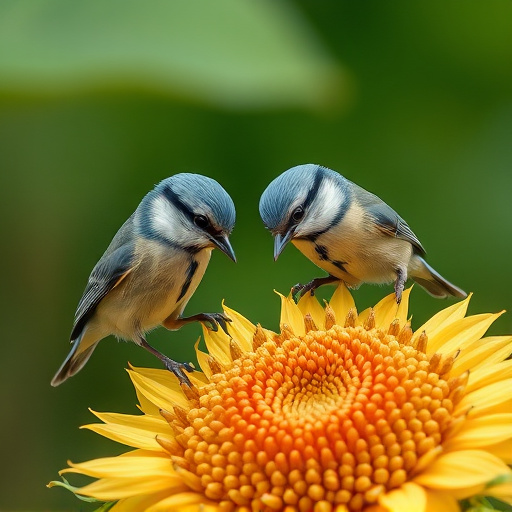 Blue tits feeding on sunflower seeds