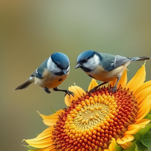 Blue tits feeding on sunflower seeds