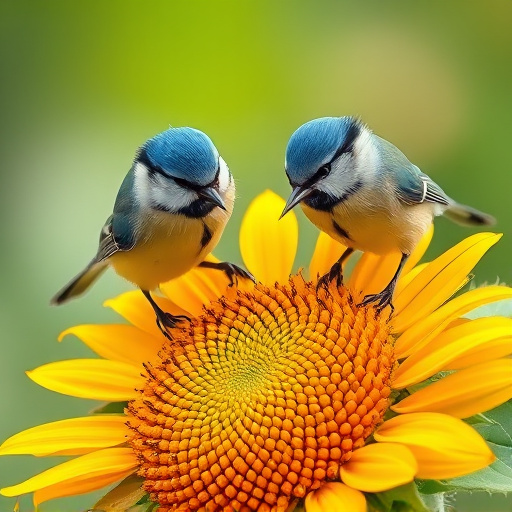 Blue tits feeding on sunflower seeds