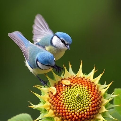 Blue tits feeding on sunflower seeds