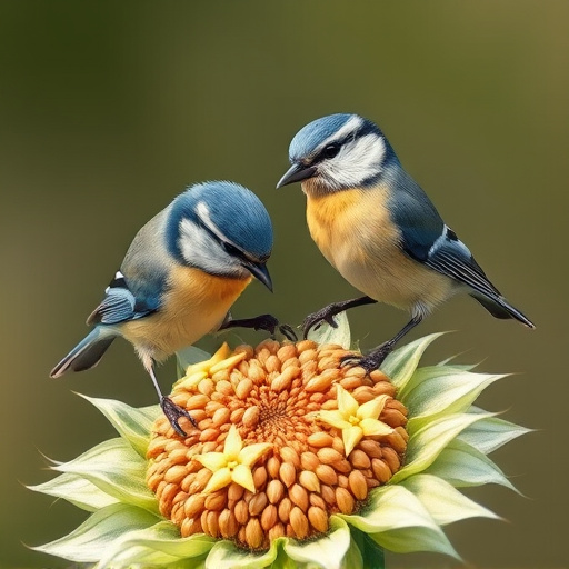 Blue tits feeding on sunflower seeds