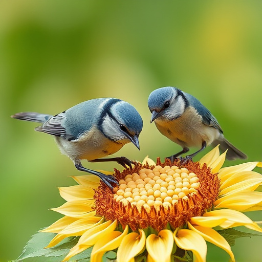 Blue tits feeding on sunflower seeds
