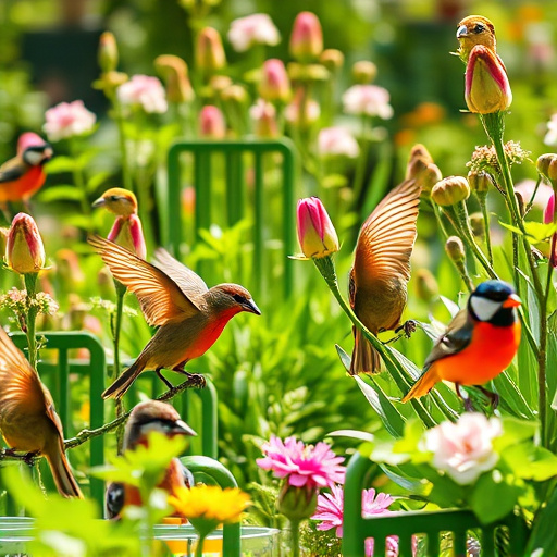 Bright garden scene with feeding birds