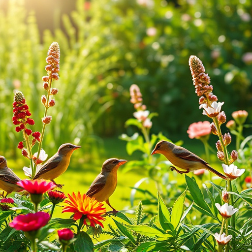 Bright garden scene with feeding birds