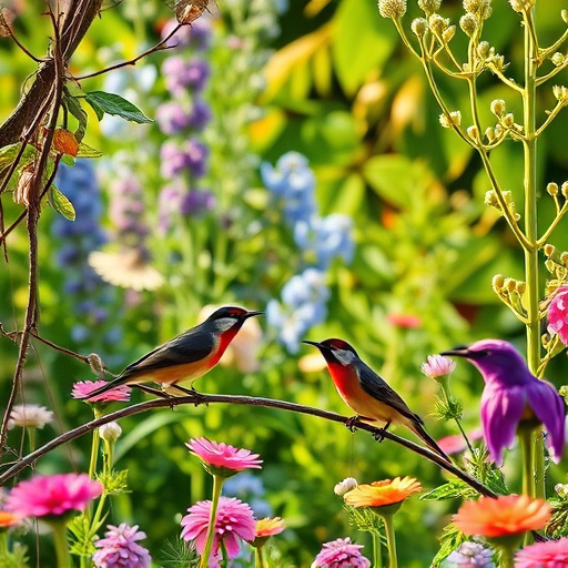 Bright garden scene with feeding birds