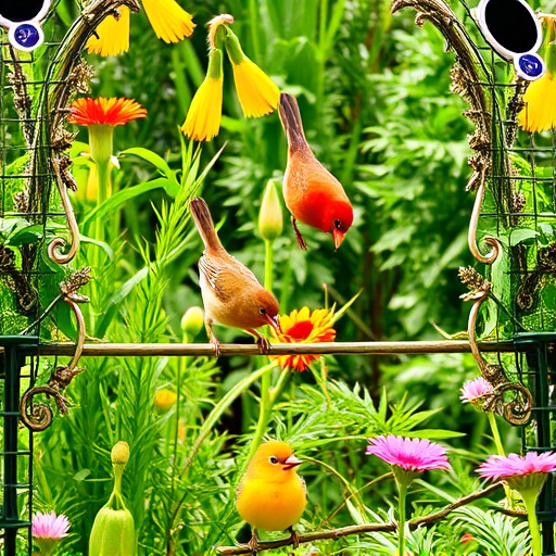 Bright garden scene with feeding birds