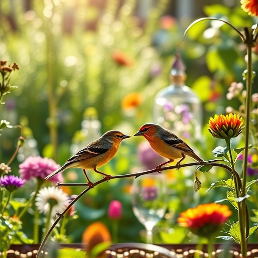 Bright garden scene with feeding birds
