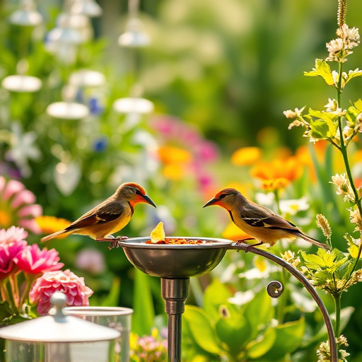 Bright garden scene with feeding birds
